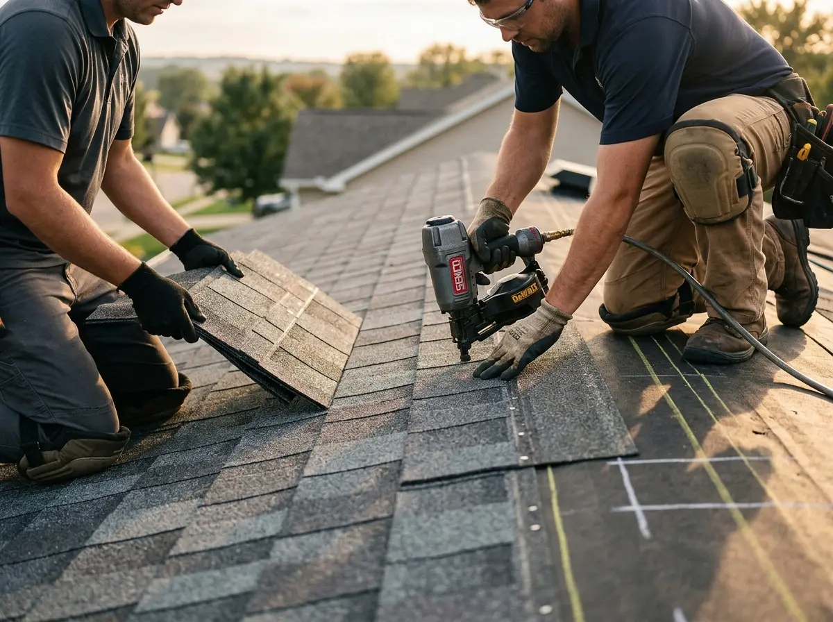 Professional roofer working on a residential roof in Taunton